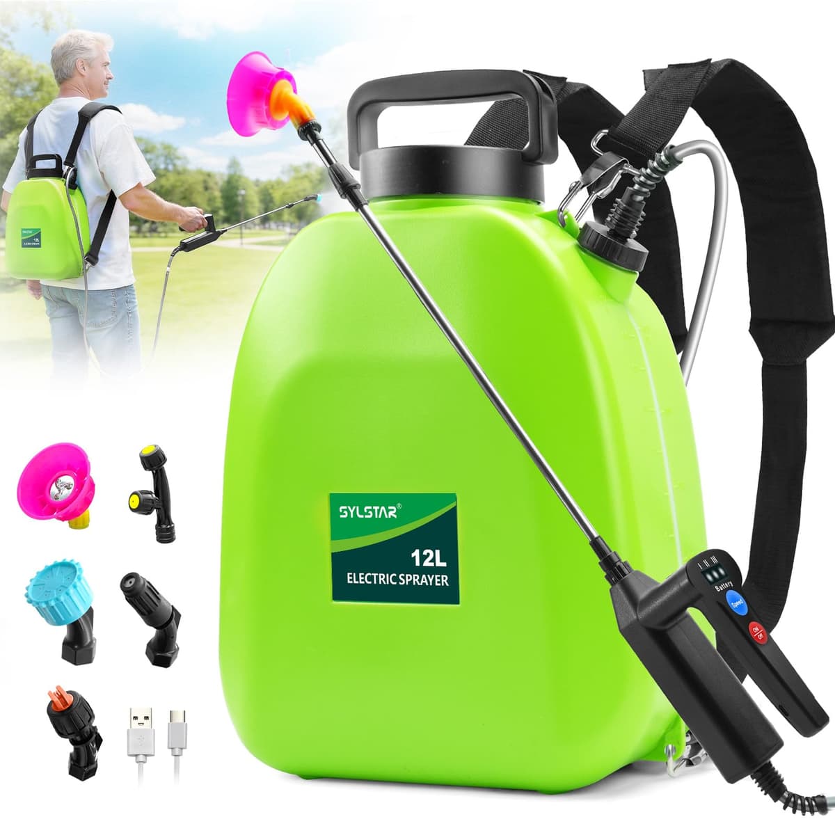 SYLSTAR 12L Battery Powered Knapsack Sprayer, Electric Garden Backpack Sprayer with 3 Adjustable Spray Power, Battery Indicator & 41" Telescopic Wand for Lawn, Garden & Patio