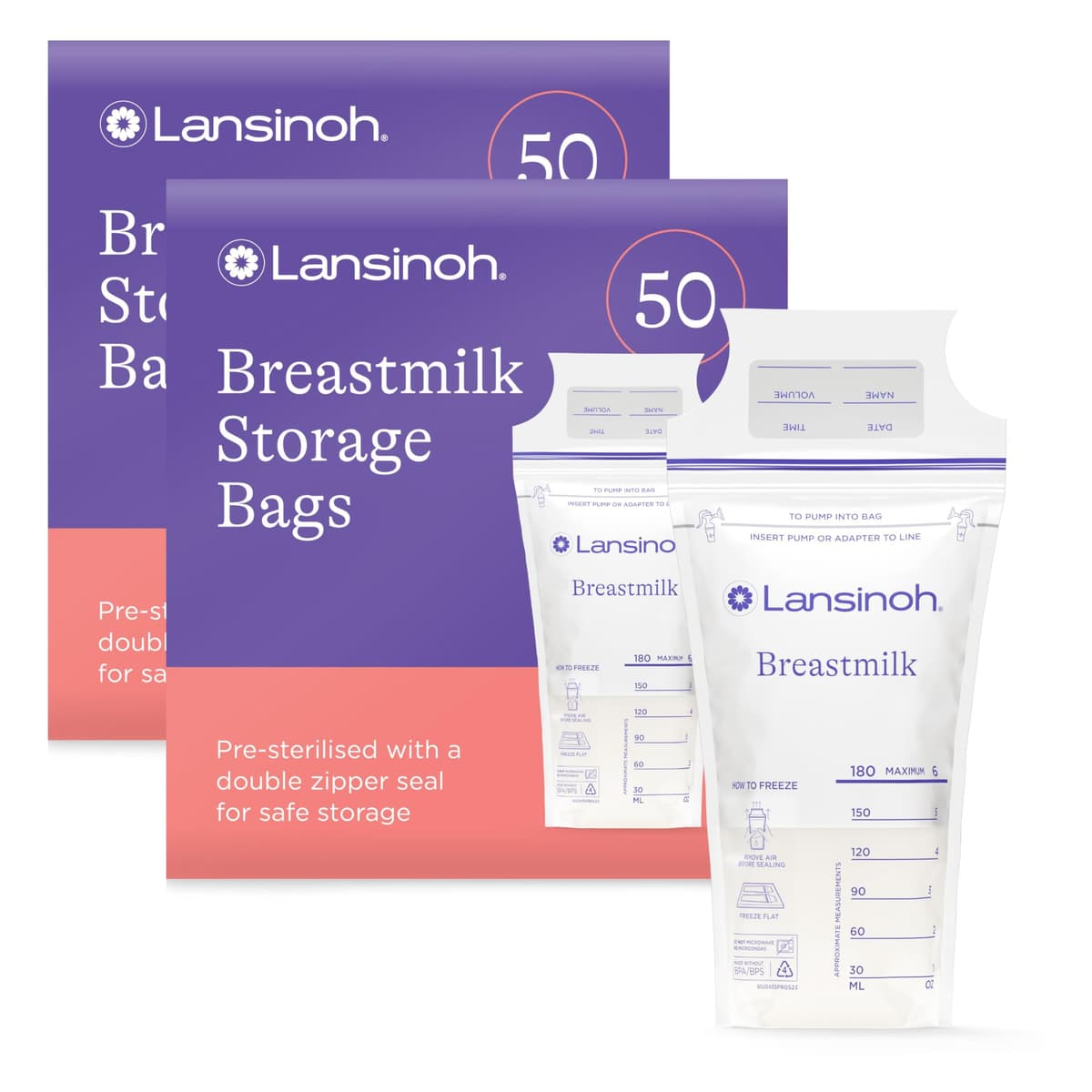 Lansinoh Breast Milk Storage Bags - Pre-Sterilised, Leakproof & BPA/BPS-Free - Fridge & Freezer Breastmilk Pouches - Pump into bag with Lansinoh Breast Pumps - Breastfeeding Essentials - 50 Pack — view 8