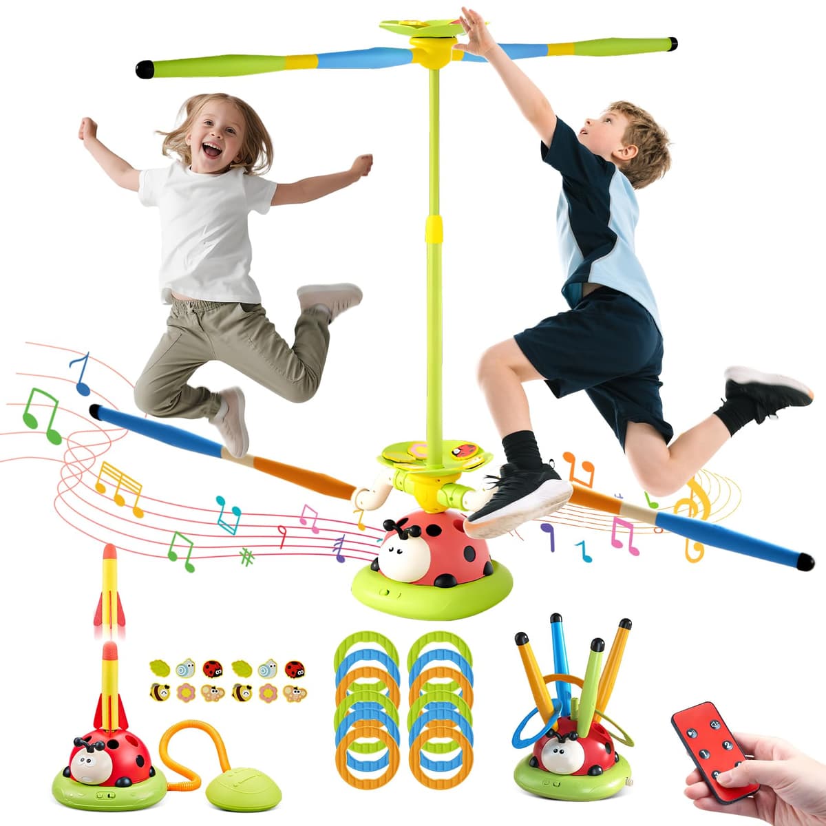 RoserRose 5 in 1 Kids Outdoor Games, Rocket Toy, Musical Jump, Throwing Game, Dodge and Jump, Garden Toys with Remote Control, Outdoor Games for Children 3 4 5 6 7 8 Years Old