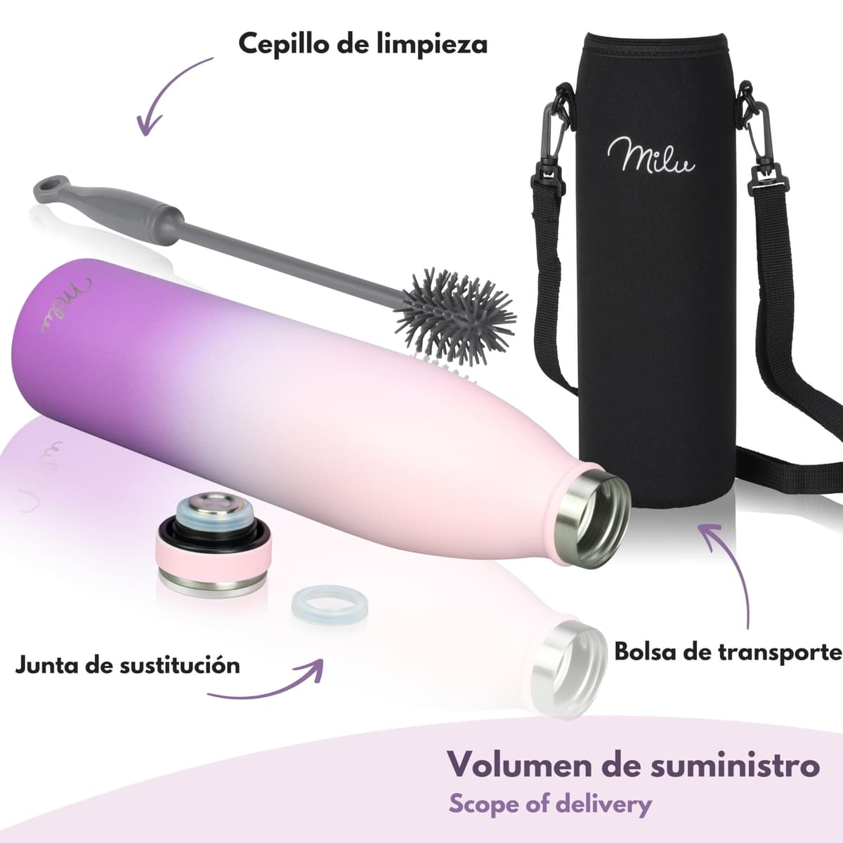 Milu Botella de acero inoxidable de 350ml 500ml 750 ml 1 L 1,5 L botella de agua aislada, termo a prueba de fugas, doble pared, apta para ácido carbónico + cepillo de limpieza (Azul Violeta, 350ml) — view 133