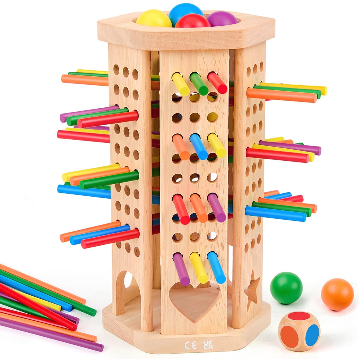 Montessori Toys Wooden Board Games Kids with 42 Colorful Wooden Sticks and Dice, Math Educational Toy Gifts for 3 4 5 6 Year Olds, Family Outdoor Travel Games Toy for Kids