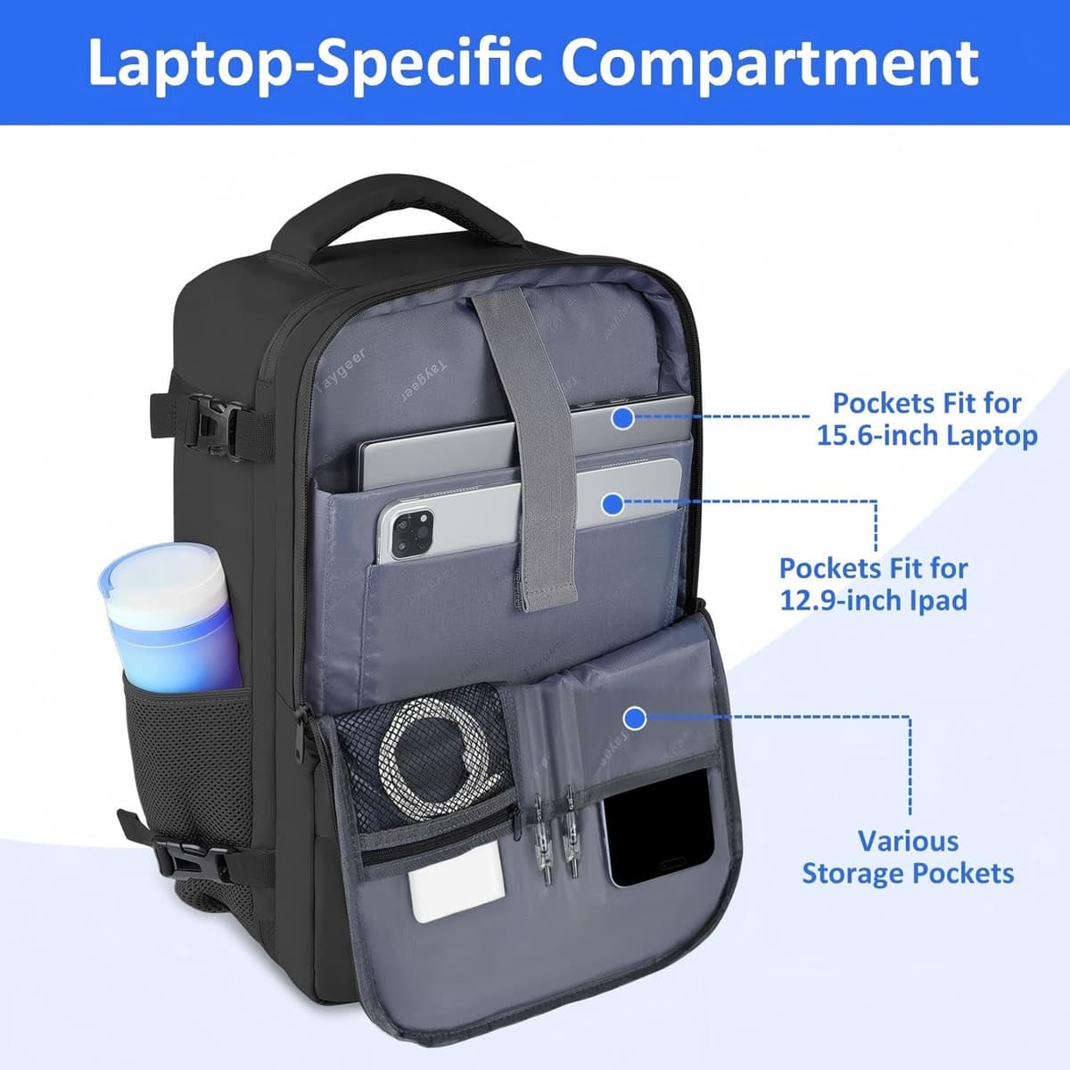 Taygeer for New Ryanair Cabin Bags 40x30x20 Underseat, Travel Backpack Cabin Size, Rucksack for Plane Hand Luggage Backpack for Travelling, Ryan Air Cabin Bag 40x30x20 with Separate Shoe Pouch, Black — view 3