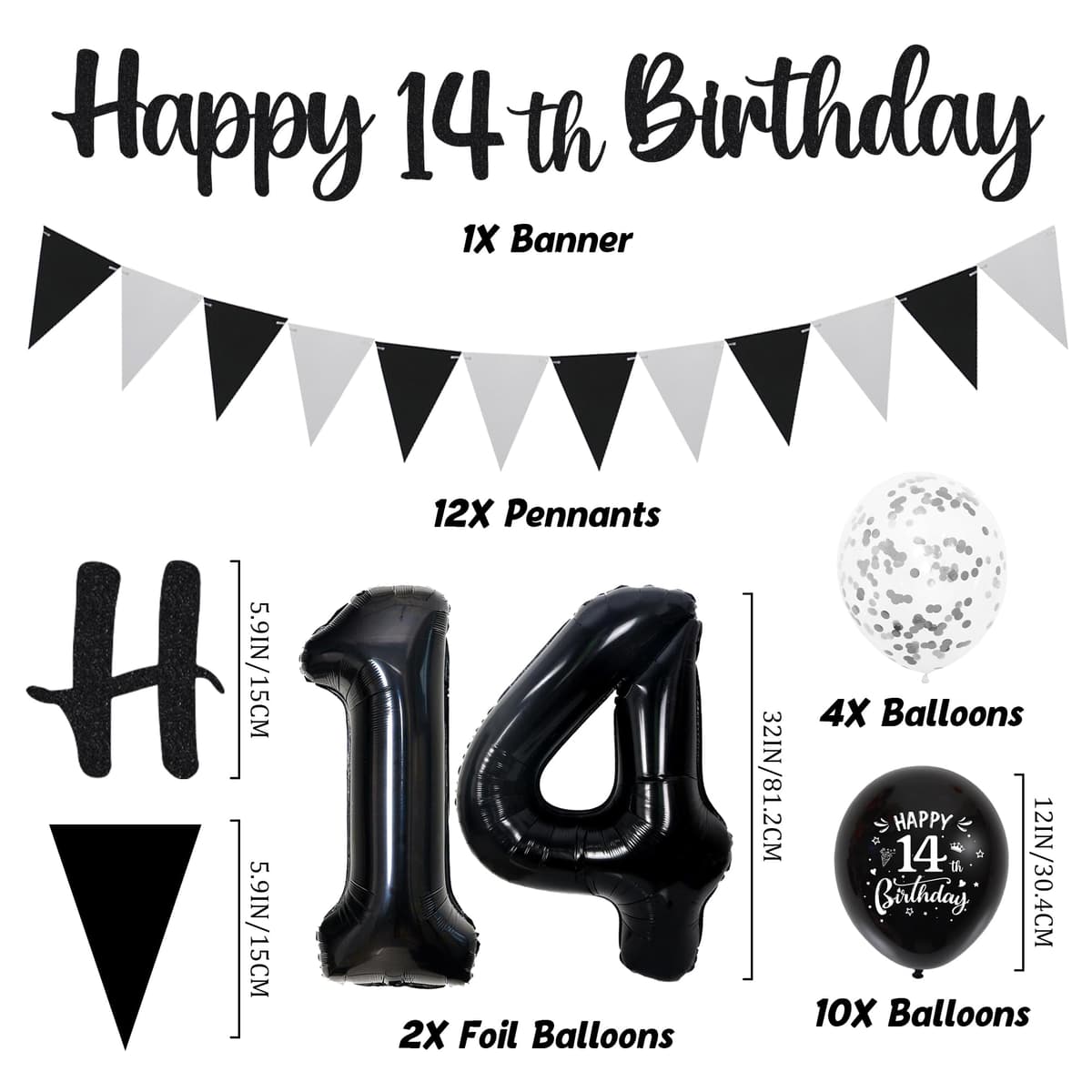 14th Birthday Decorations for Boys Girls - Black Silver Glitter Happy 14th Birthday Letter Banner and Pennant Flags, Number 14 Foil Balloons and Hanging Swirls for 14 Years Old Children Party Supplies — view 2