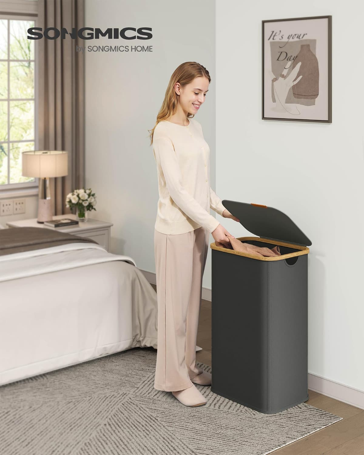 SONGMICS Cesto de Ropa con Tapa, Recogedor de Colada, Tejido de Oxford, Plegable, Marco de Bambú, Lavadero, Dormitorio y Salón, 100 L, 42 x 32 x 70,5 cm, Gris Pizarra LCB518GN01 — view 2