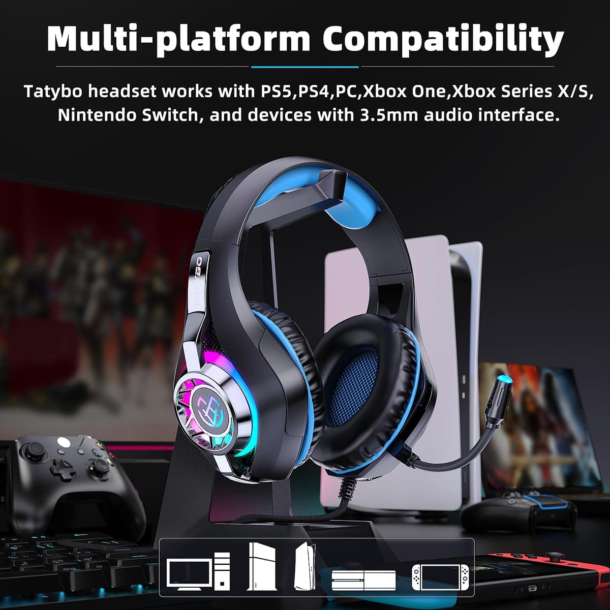 Tatybo Gaming Headset for Ps5 Ps4 PC Xbox S/X Series Switch PC, Gaming Headphone with Noise Cancelling Microphone RGB Lighting — view 6