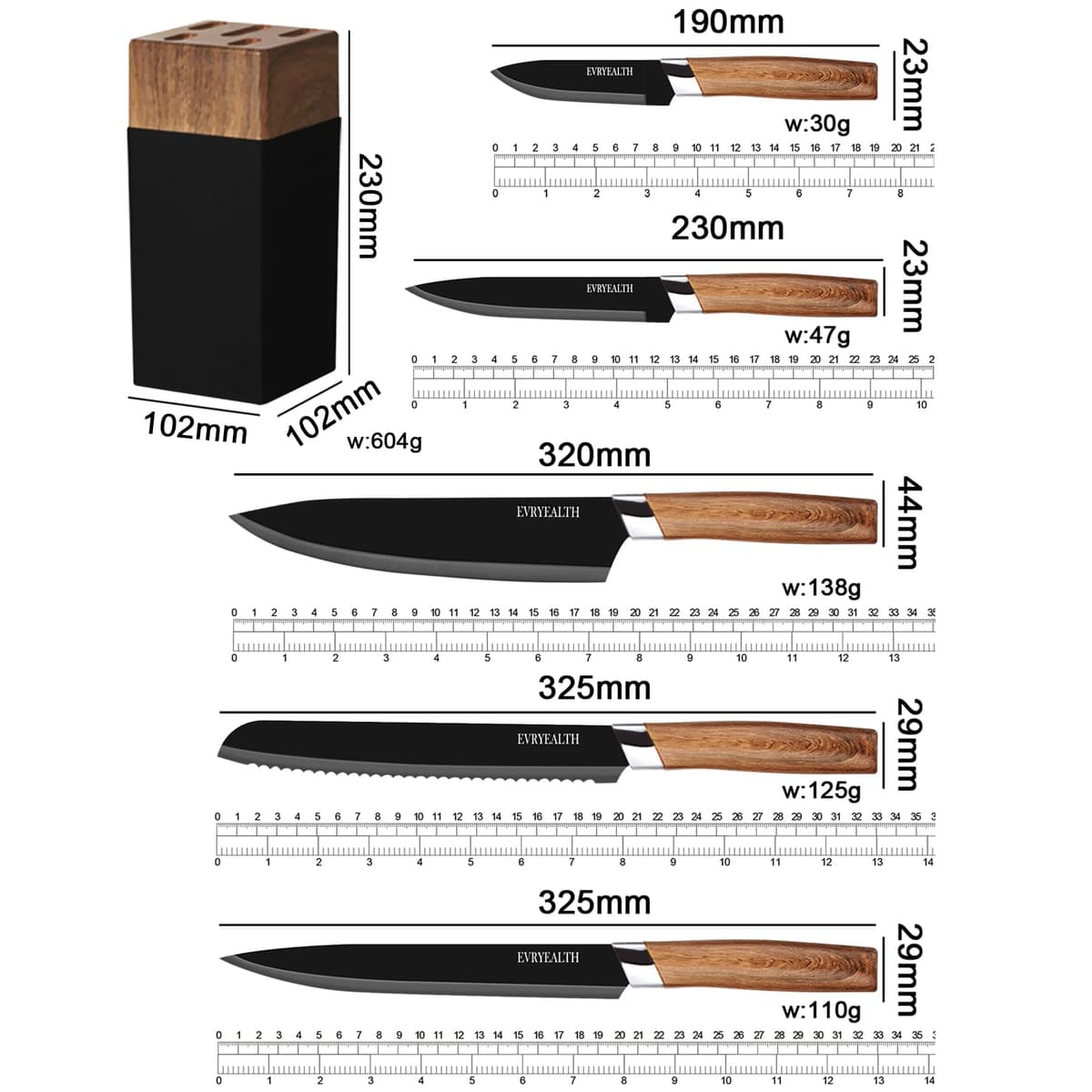 Kitchen Knife Set - 5 Piece Knife Set with Block, Wood Grain Handle, Stainless Steel Knivese with Chef, Bread, Slicer, Paring Knife for Cutting Meat/Vegetables/Fruit. — view 4