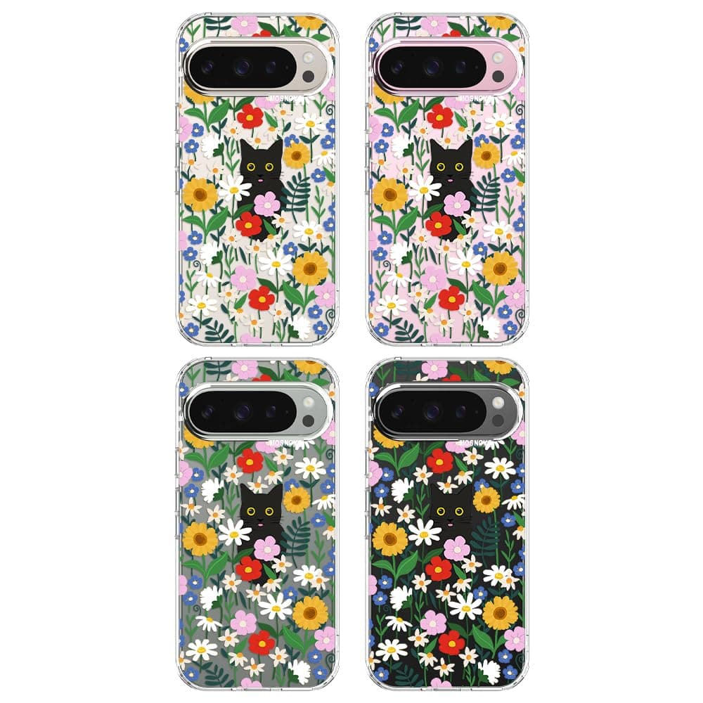 MOSNOVO Case for Google Pixel 9 & Pixel 9 Pro, [Buffertech 6.6ft Military-Grade Drop Protection] [Anti Peel Off Tech] Clear TPU Bumper Phone Case Cover Design - Black Cat in Garden — view 4