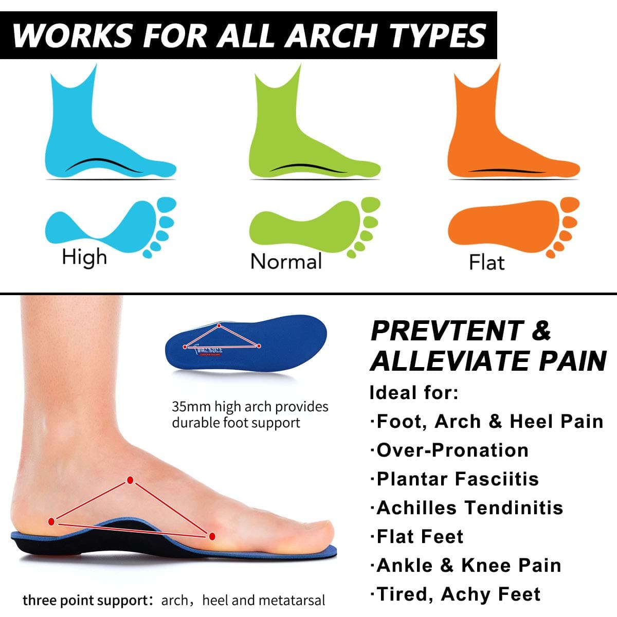 VALSOLE Plantillas Ortopédicas soportes de arco y talones la absorción de choque- para el dolor de talón, pie plano, Fascitis Plantar, dolor de rodilla y espalda — view 4