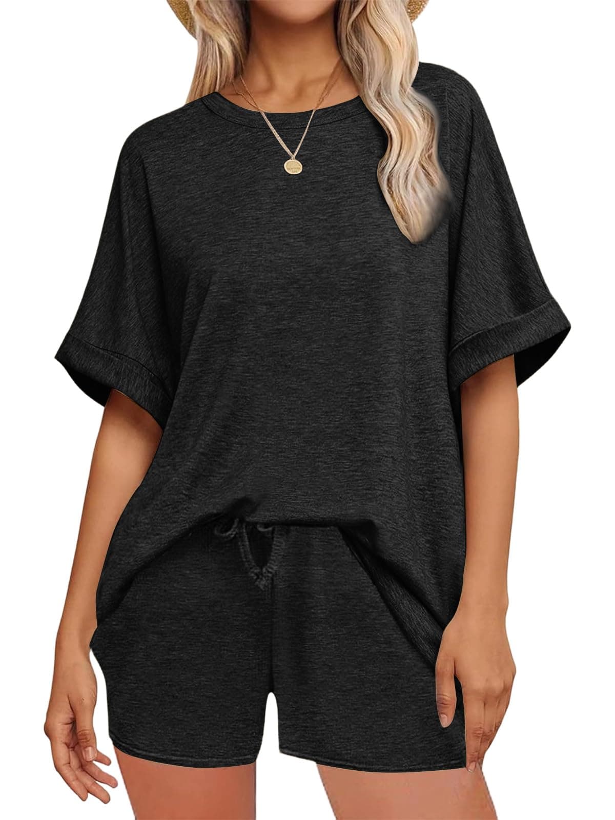 Mujer Conjunto Chándal 2 Piezas De Pantalones Verano Cortos Con Casual De Camiseta Bolsillos Y Cuello Redondo Top，Negro，S