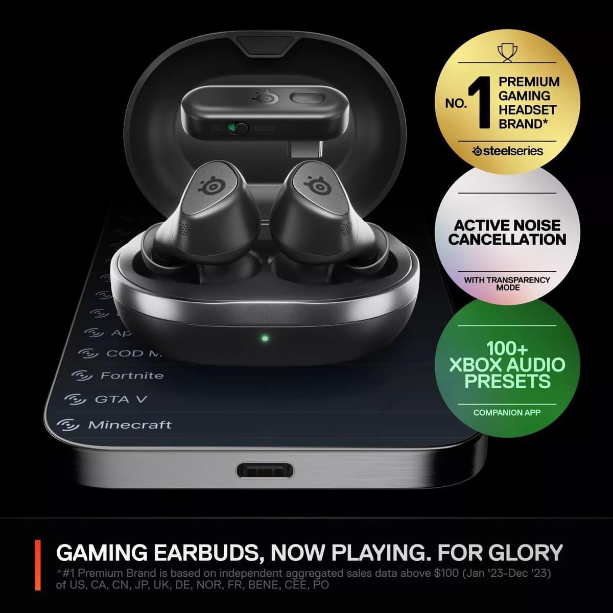 SteelSeries Arctis GameBuds™ para Xbox - Auriculares inalámbricos para Juegos - 2,4 GHz + BT5.3 - Modo ANC/Transparencia - Resistencia al Agua IP55-40 Horas de autonomía - Carga inalámbrica - Xbox, — view 3