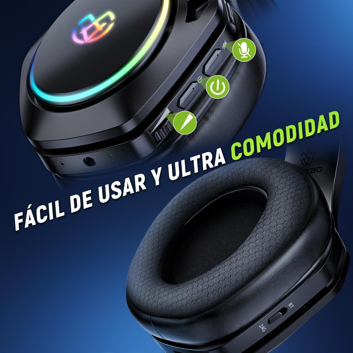 Tatybo Cascos Gaming Inalámbricos para PC/Ps5/Ps4, Auriculares Gaming Inalámbricos con 2,4 GHz+Bluetooth 5,3 Modo Dual, 7.1 Sonido Envolvente, Duración 40Hr+ — view 7