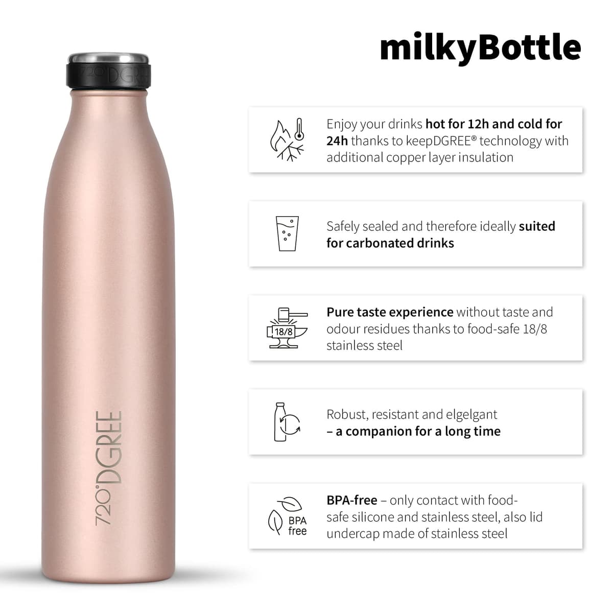 720°DGREE Botella Agua Acero Inoxidable “milkyBottle“ – 750ml - Sin BPA Free, Antigoteo y Prueba de Fugas - Frasco térmico, Cantimplora Aislada - Bebida con Gas, Deporte, Escuela, Gimnasio, Exteriore — view 2
