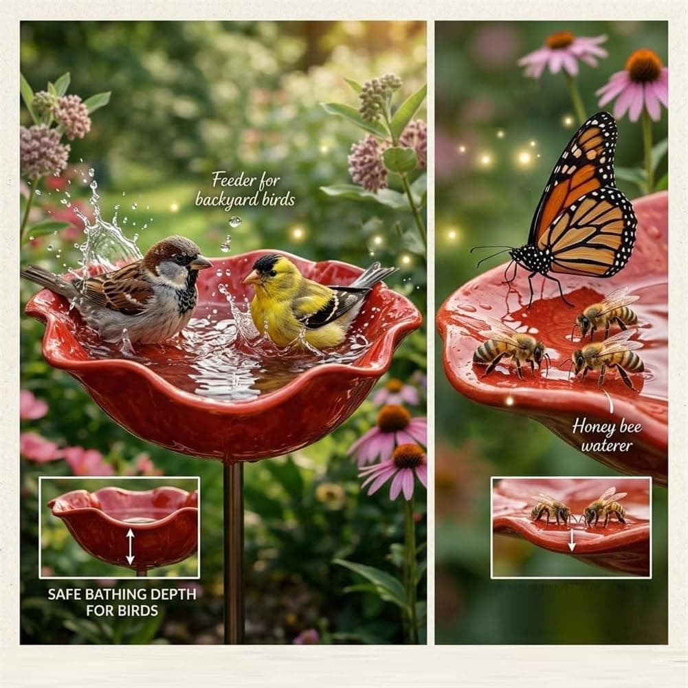 2026 New Handmade Metal Flower Garden Stake Bird Bath, Butterfly Bee Water Feeder with Flower Design, Colorful Outdoor Bird Bath Bowl for Yard, Lawn & Patio Decor (3pcs) — view 5