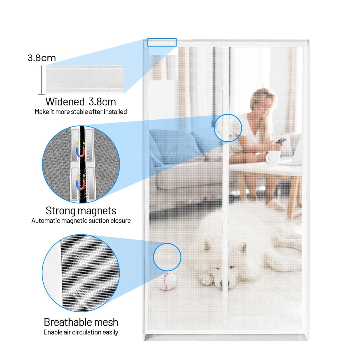 Mosquitera Puerta Magnetica - 90 x 210 CM - Blanco, Mosquiteras para Puertas, Cierre Magnético de Arriba a Abajo, Automáticamente,Mantiene el Aire Fresco — view 3