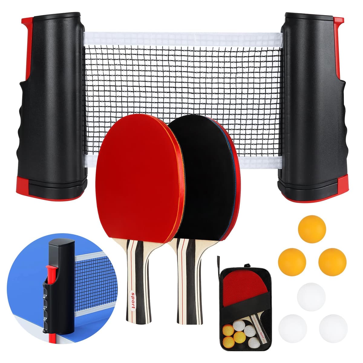 TOSUTO Sets de Ping Pong,2 Raquetas de Ping Pong,6 Pelotas,Red Retráctil y Bolsa de Transporte,Set de Ping Pongs Portátil para Principiantes y Expertos,Ideal para Juegos en Interiores y Exteriores