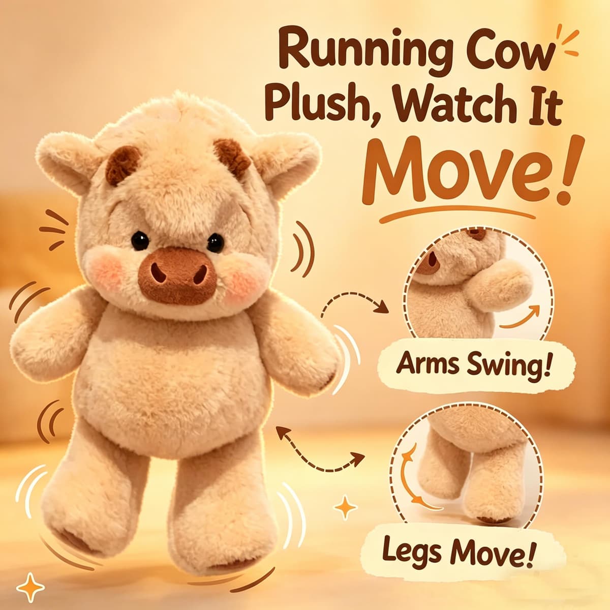 Starnearby Running Highland Cow Plush, Shaking Interactive Moving Legs Desktop Fidget Sensory Toy, Stress Relief Little Cow Stuffed Animal for Autism Kids Adults Office Bedroom Home (Light Brown) — view 2