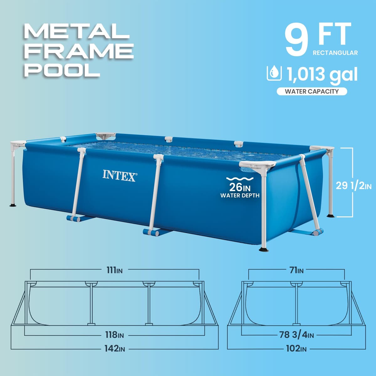 Intex Metal Frame Rectangular Swimming Pool 300 x 200 x 75cm, Blue Above Ground Garden Pool for Kids and Family, 3834L Water Capacity, Puncture-Resistant 3-Ply Material, Pump Not Included, 28272NP — view 2