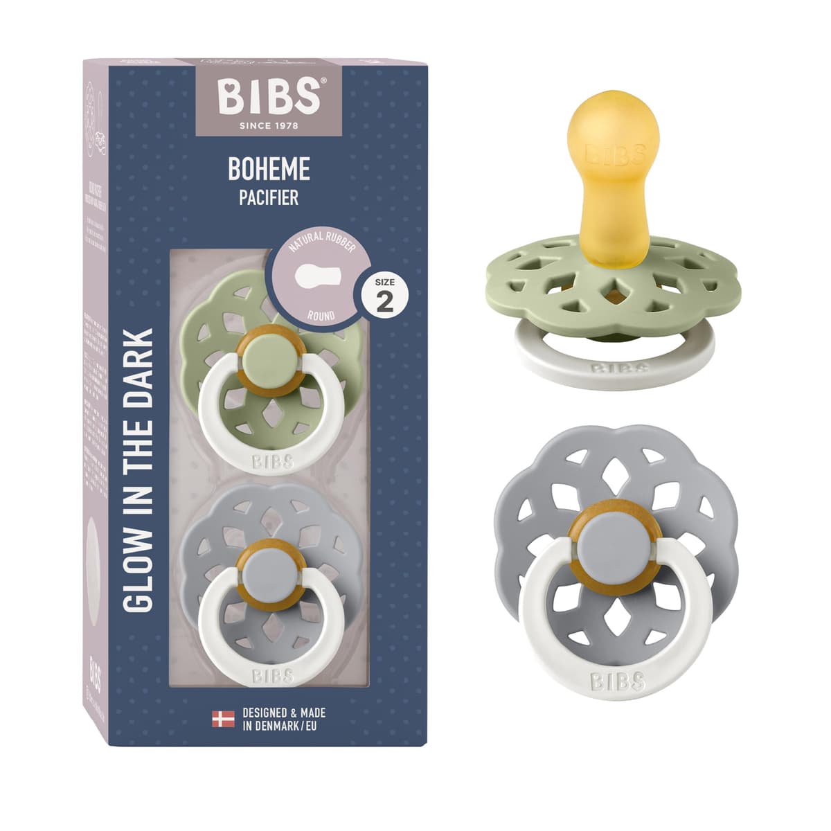 BIBS Boheme Paquete de 2 chupetes. Libre de BPA, Tetina redonda. Látex natural, Talla 1 (0-6 meses), Ivory/Blossom — view 27