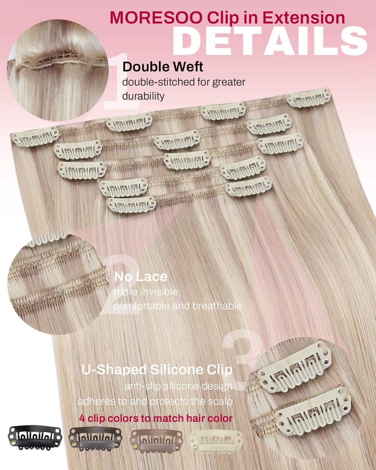 Moresoo Human Hair Extensions Clip in Real Hair Ash Blonde with Bleached Blonde Clip in Hair Extensions Remy Human Mid-length Hair Layered Add Volume 14 Inch 5pcs/80g #P18/613 — view 4