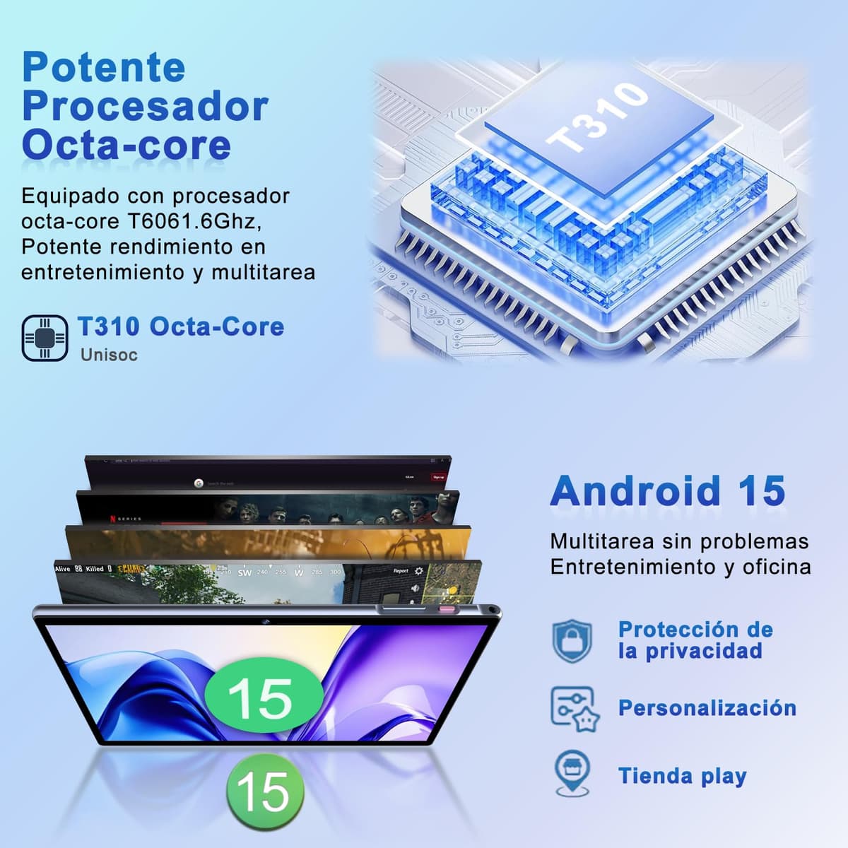 2026 último Tablet 10 Pulgadas Android 15 con Gemini AI, 30GB RAM + 128GB ROM, Octa-Core 2.0GHZ, 8000mAh, GMS, Widevine L1, GPS, OTG,5G WiFi 6 & BT 5.0,Tablet Teclado y Raton-Gris — view 3