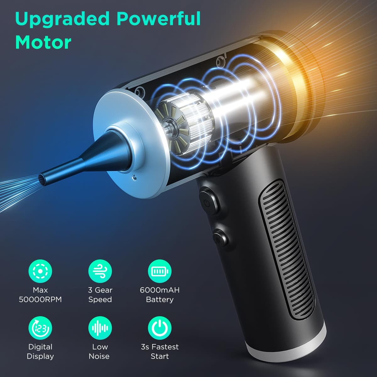 ONEWAY Compressed Air Duster Cleaner for PC, Electric Air Duster Rechargable,Cordless Reusable Air Blower Duster with LED Light,3 Gear Digital Air Duster,Replace Canned Air Duster for Laptop,Keyboard — view 2