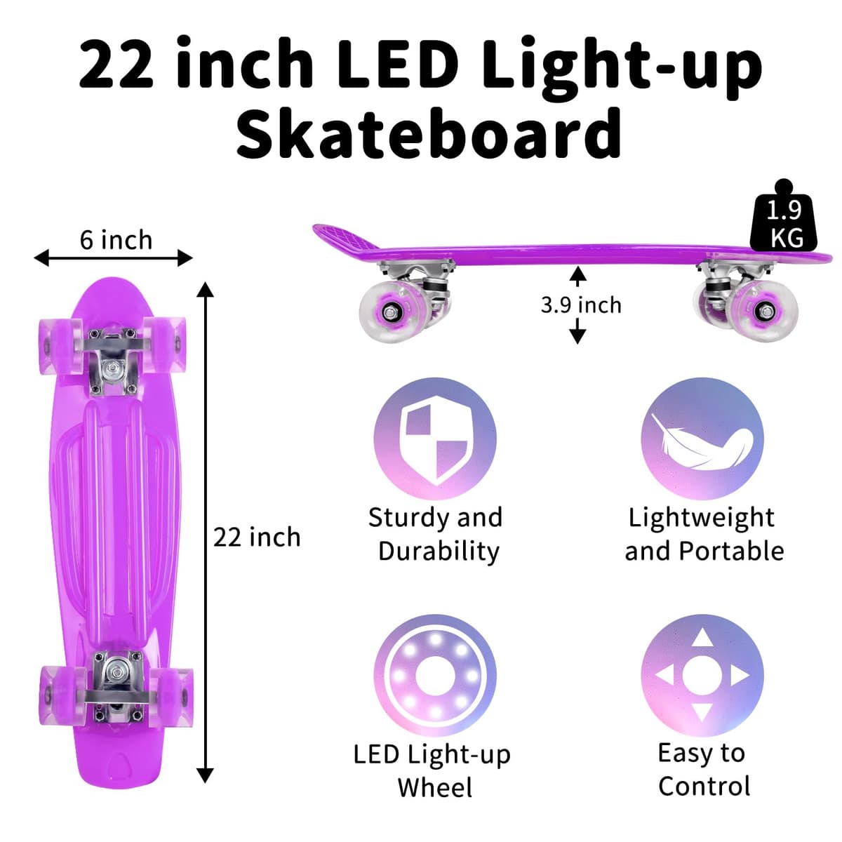 BELEEV Skateboard Complete 22 x 6 Inch Mini, para Niños, Adolescentes, Principiantes, Ruedas con luz LED de PU con Herramienta en T para Patines Todo en Uno, Monopatín 55cm — view 5