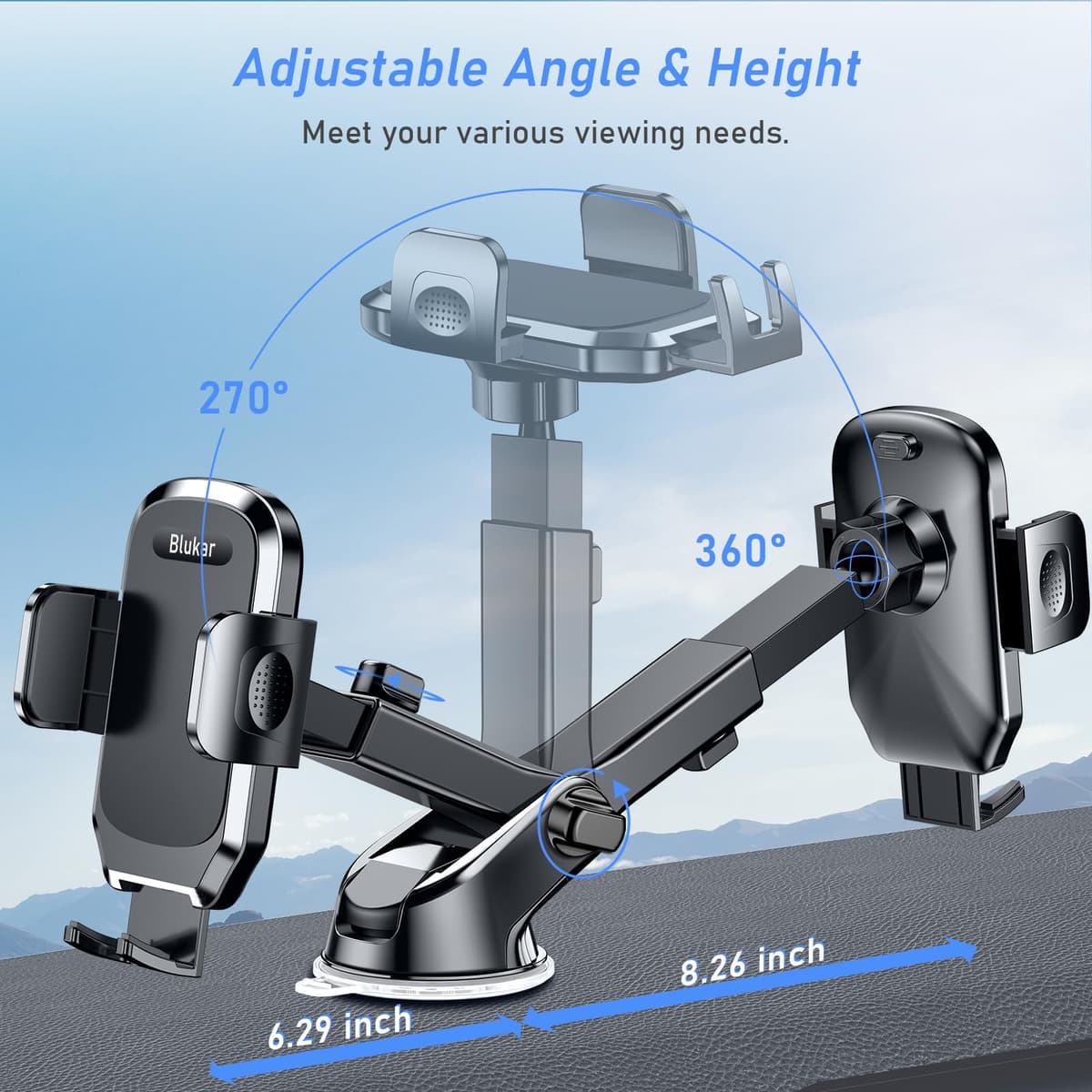 Blukar Car Phone Holder, Adjustable Car Phone Mount Cradle 360° Rotation - Upgraded Strong Sticky Gel Pad for Dashboard/Windscreen - One Button Release Mobile Accessories for All 4.0''-6.7'' Phones — view 5