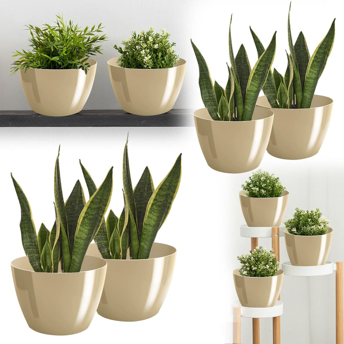 Macetas Brillantes Macetas Decorativas Hierbas Macetas Redondas de plástico duraderas y Ligeras para salón, Comedor, Cocina, terraza, balcón Juego de 2 Piezas (Capuchino, diámetro 20 cm) — view 2