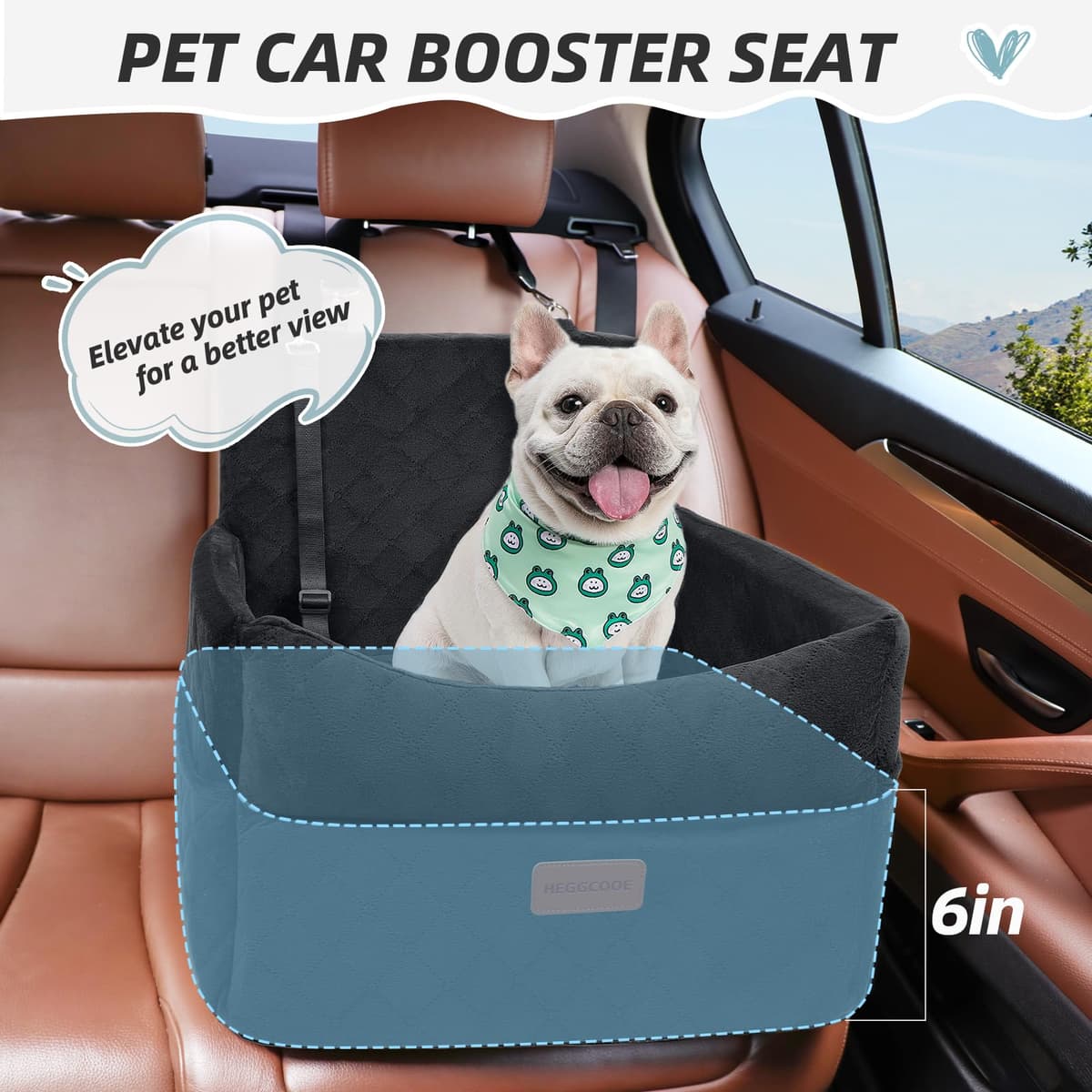 HEGGCOOE Small Dog Car Seat, Memory Foam Dog Booster Seats with Thick Cushion for Medium Dogs Under 35lbs, Detachable Washable Pet Car Seat with Storage Pockets,2 Safety Belts — view 2