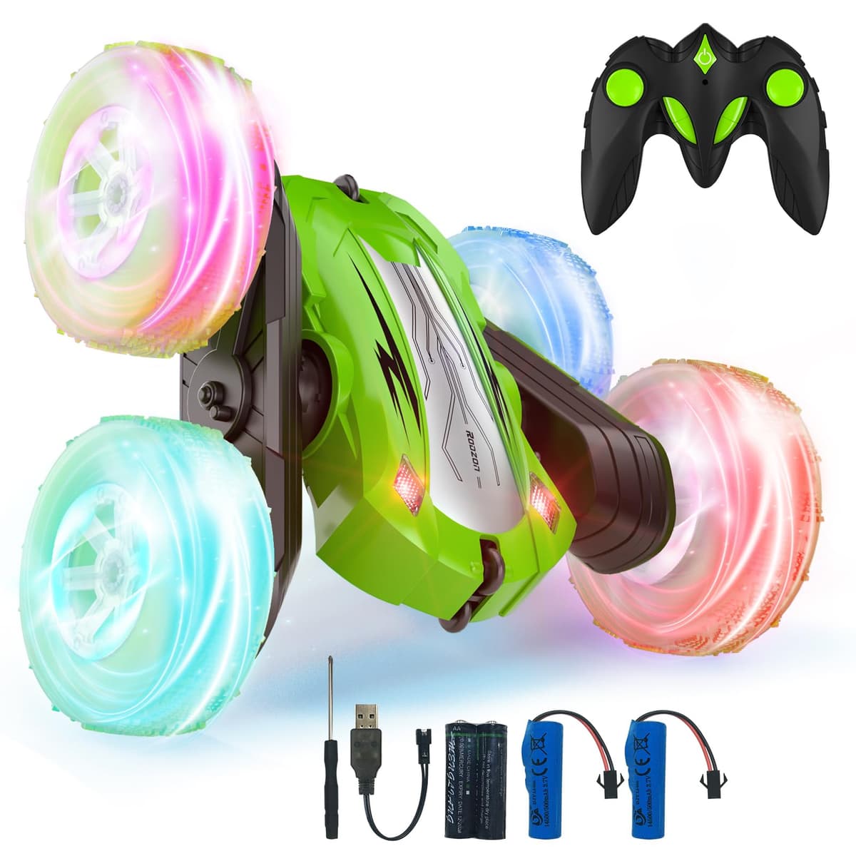 Rodzon Coche Teledirigido,Coche AcrobáTico Camiones 360 Grados De RotacióN,Juguete Niño Regalo 6 7 8 9 12 Años Niña 2.4Ghz Niños Coche Teledirigido con Luces Incluye Batería Recargable (Verde)