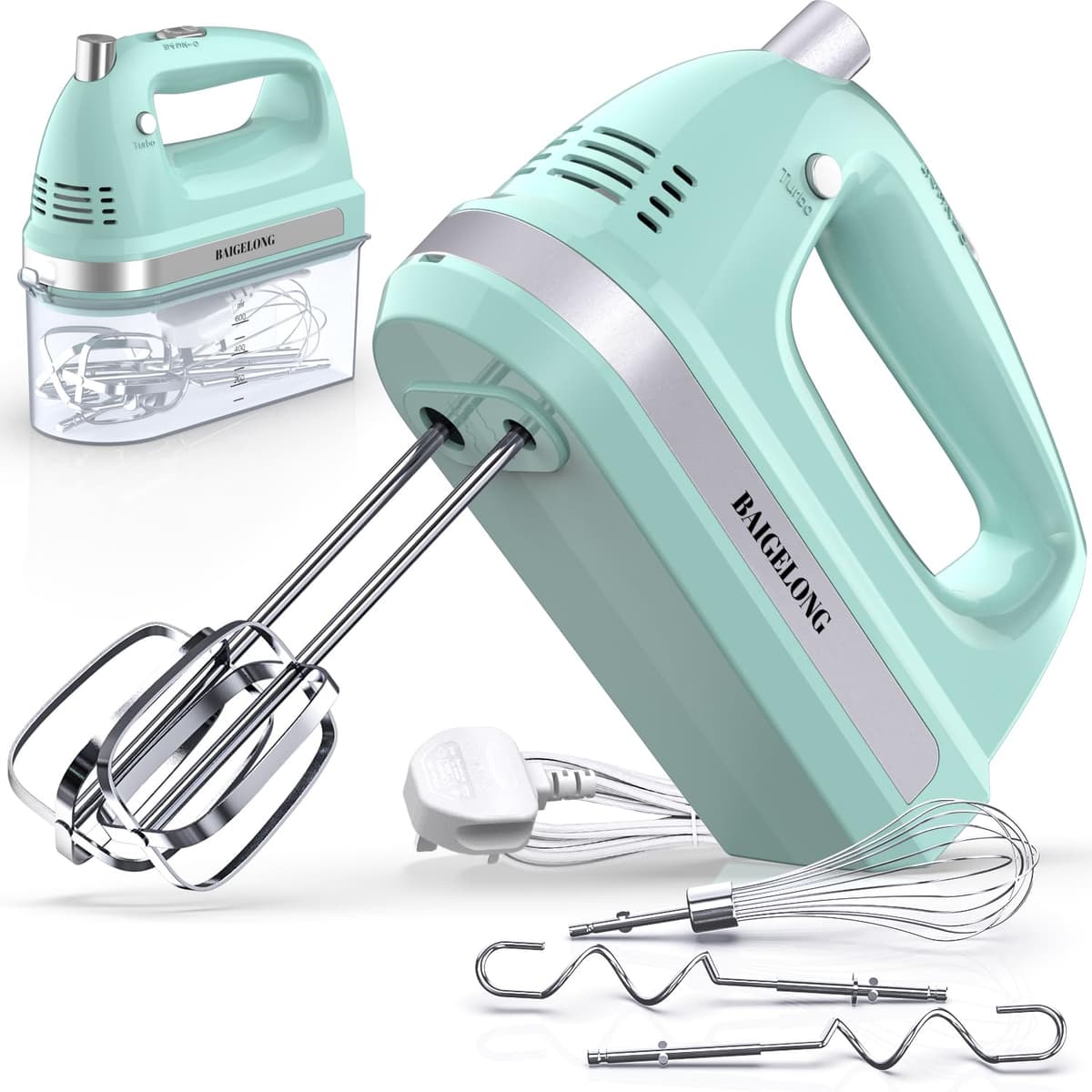 BAIGELONG Hand Electric Mixer, 300W Ultra Power Food Kitchen Mixer with 5 Self-Control Speeds + Turbo Boost, 5 Stainless Steel Attachments Handheld Blender for Baking, PINK — view 9