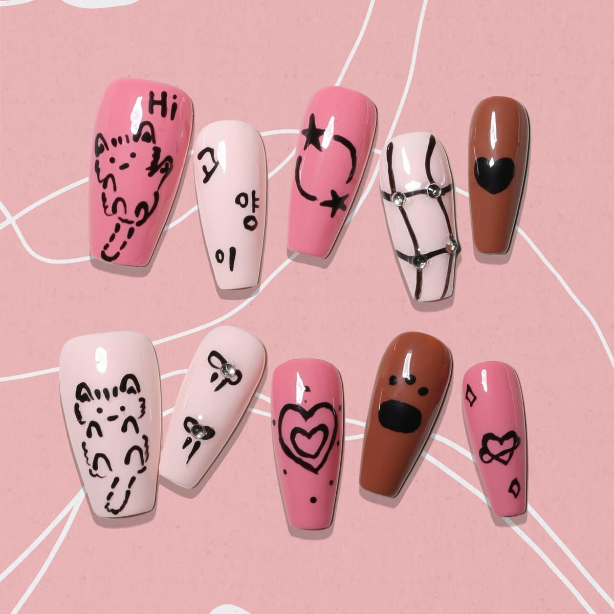 Sun&Beam Nails Handmade Press On Nail Long Coffin Ballerina Pink Flower Acrylic Fake Tip 3D Design Art Charms Cute with Storage Box 10 Pcs (S) — view 97