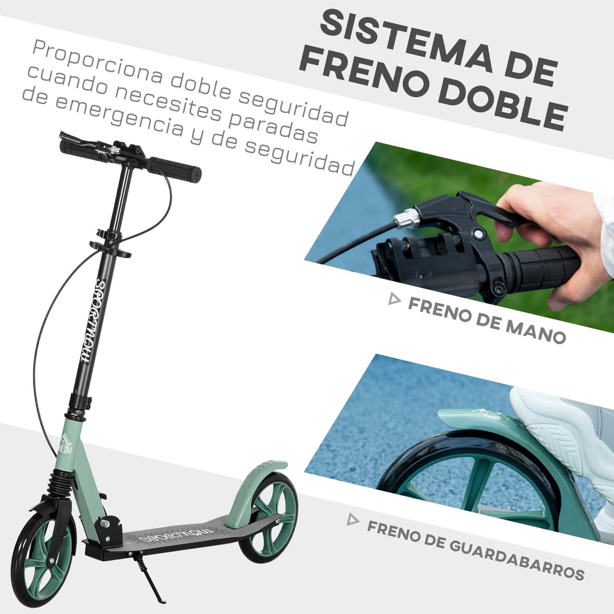 HOMCOM Patinete Plegable para Adultos y Niños de +14 Años Scooter Ligero con Manillar Ajustable Grandes Ruedas Ø200 mm Amortiguador y Freno Aluminio Carga 100 kg 91,5x36,5x91-104 cm — view 5