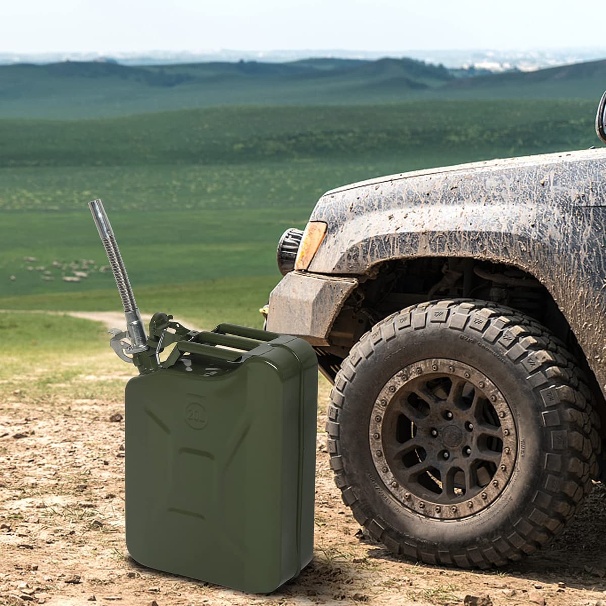 Karlhome 20 L Metal Gas Can Fuel Tank Can Petrol Diesel Storage Can Portable with Flexible Spout, for Automobile Vehicle Off Road Emergency Supply, Green — view 7