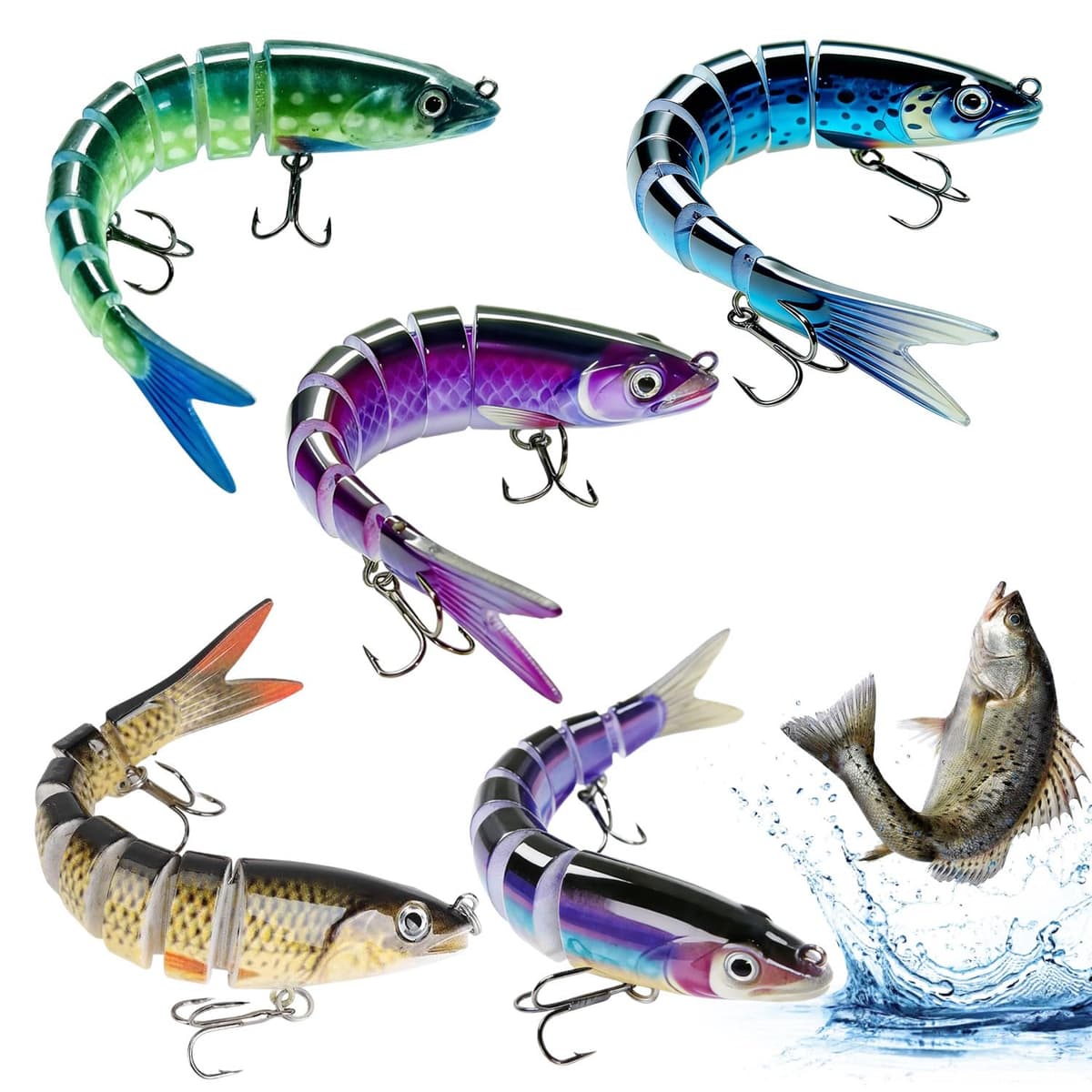 5 Piezas Señuelos Pesca Realistas Fishing Lure Multiarticulados Señuelos Black Bass en Caja Accesorios de Pesca Aptos para Agua Dulce y Salada para Lucios Percas Lubinas y Truchas 13.5 cm 19 g — view 7