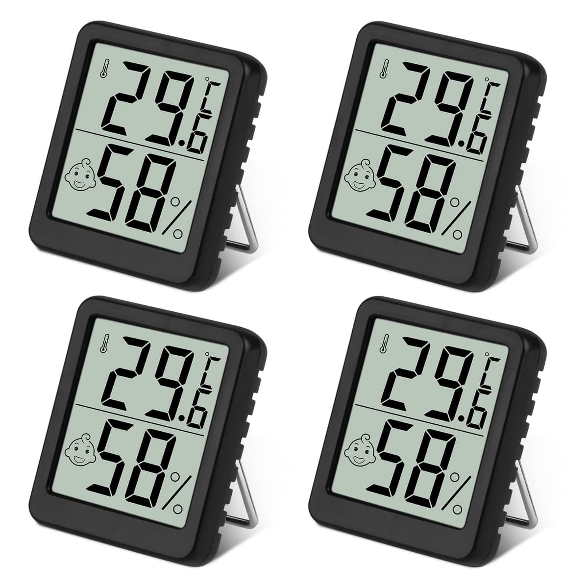 Flintronic Thermometer Hygrometer, 4PCS Digital Mini Thermometer and Hygrometer with Metal Stand, Thermohygrometer with Smile Face Indicating Data for Indoor, Living Room, Baby Room, Office (Black)