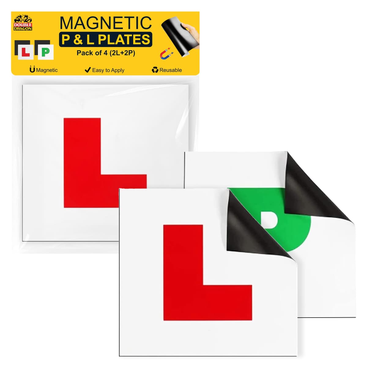 Double Dragon 4-Pack Fully Magnetic L & P Plates (2 L + 2 P) | DVLA Legal 178x178mm | UK Road Legal Signs | Extra-Strong 1.25mm Rubber Magnet, Glossy PVC Finish | Durable, Scratch-Free & Weatherproof