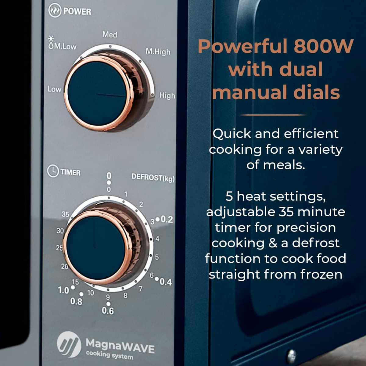 Tower Cavaletto Manual Microwave with 5 Power Levels and 35 Minute Timer, 800W, 20L, Midnight Blue & Rose Gold, T24038MNB — view 3