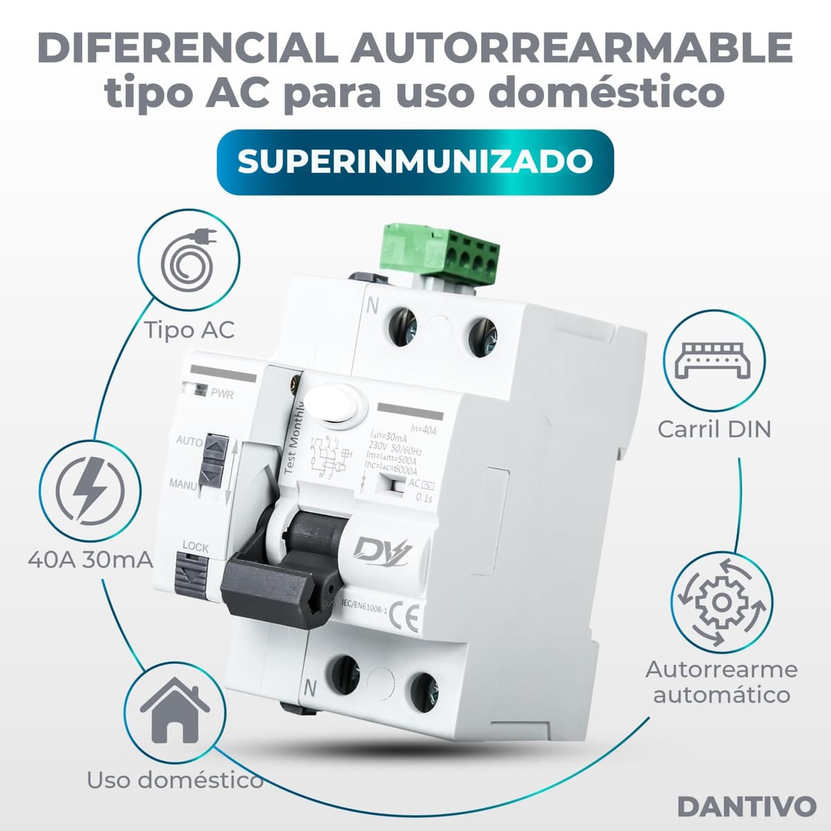 Diferencial Auto Rearmable 40A 30mA Tipo AC 2P – Interruptor Diferencial Rearme Automático Carril DIN – Diferencial Autorrearmable Automático Protección Eléctrica — view 3