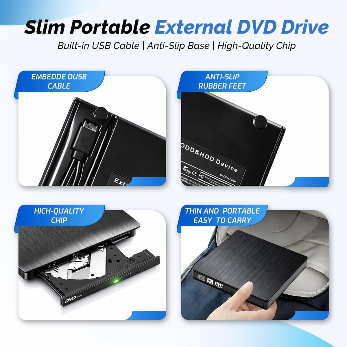 External CD DVD Drive for Laptop, Slim Portable Player CD DVD RW Writer Reader Burner, USB 3.0 and Type-C Optical, Compatible with Laptop Desktop PC Windows XP/7/8/10/11 Mac — view 4