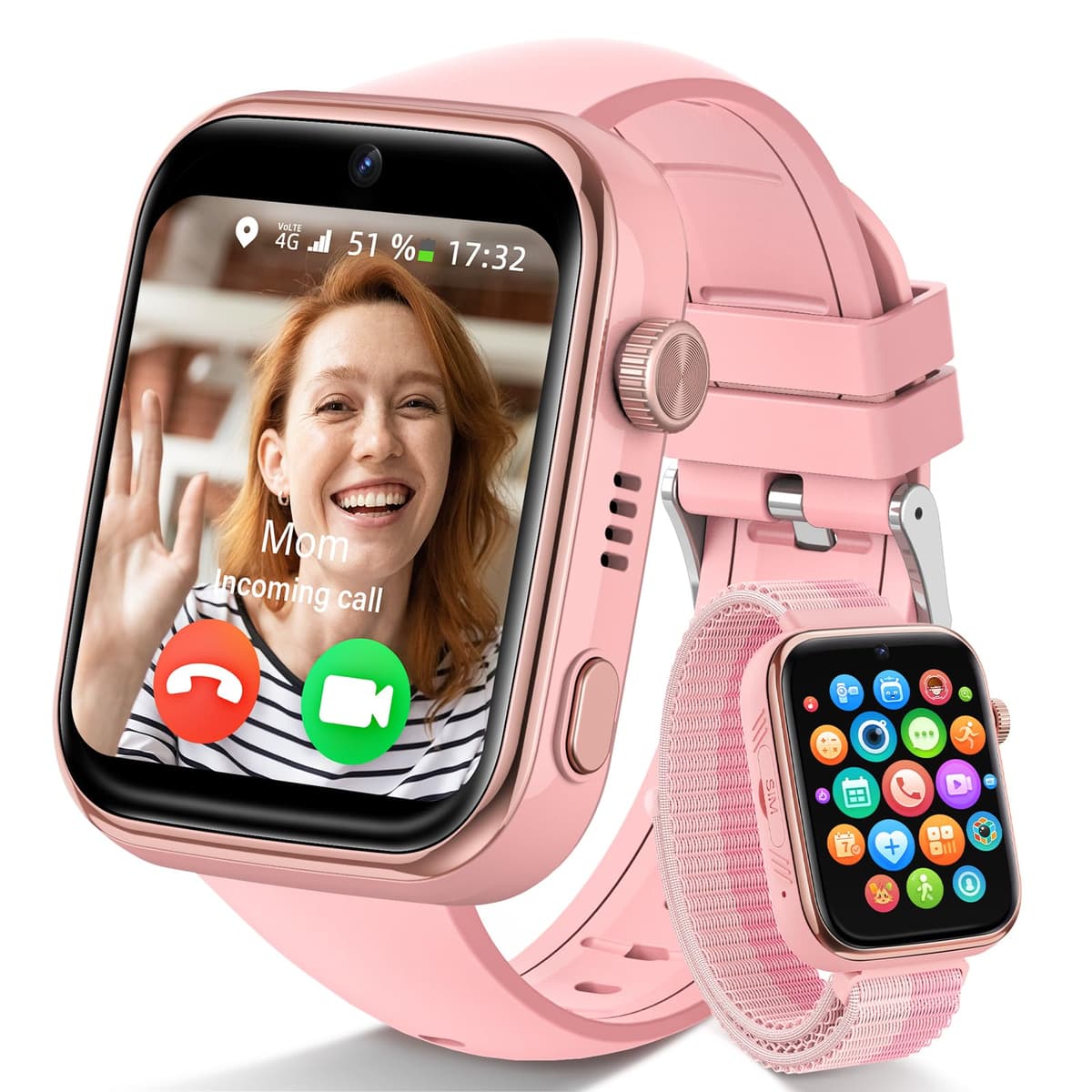 4G Children's Smartwatch, Smartwatch Children with GPS and Calls, Video Calls, Voice Chat, SMS, WhatsApp, SIM, SOS, School Mode, WiFi, Locator, Pedometer IP68 Watch Boy and Girls Pink Gift
