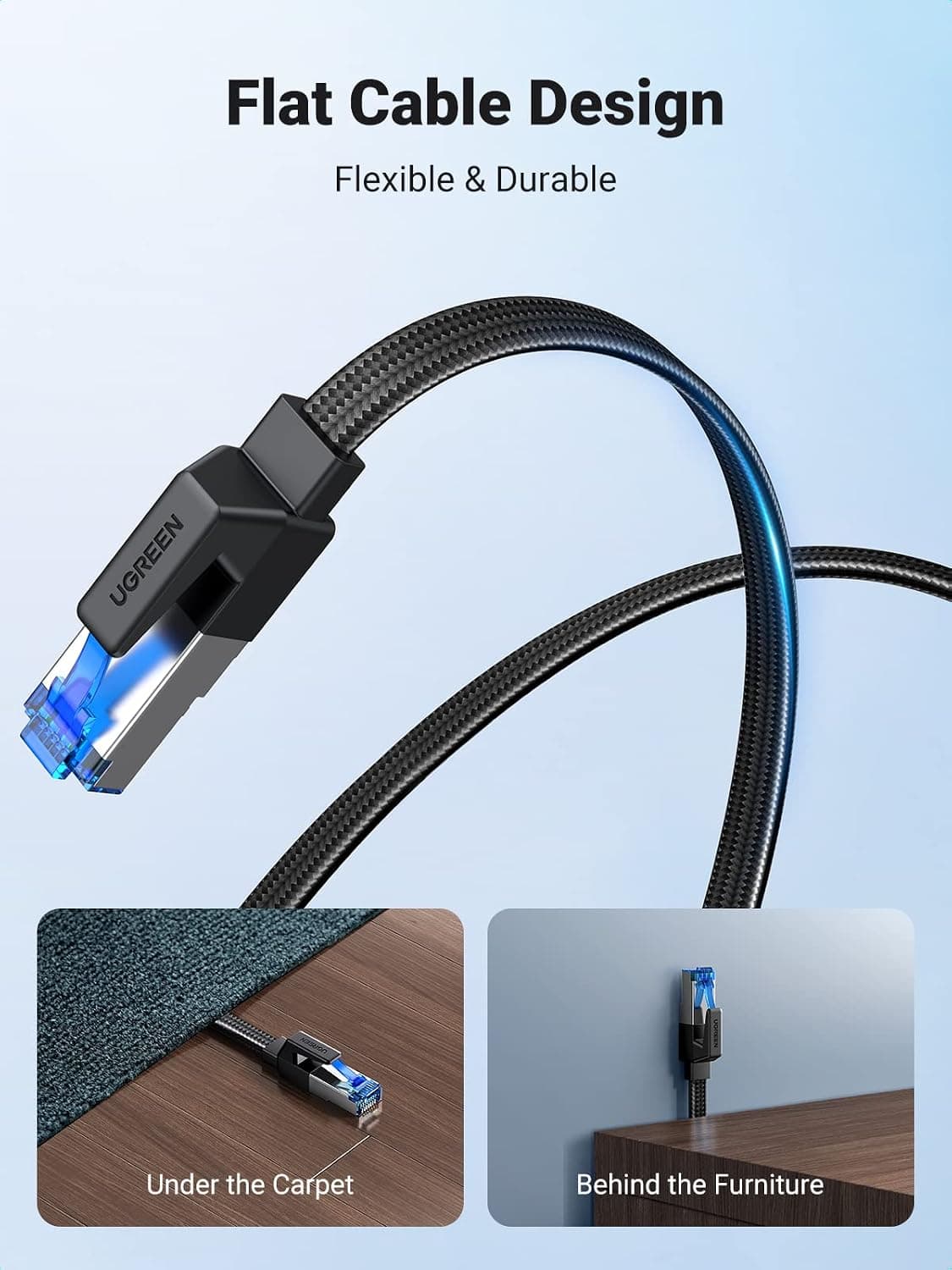 UGREEN Ethernet Cable 5M, Cat 8 Internet Cable Flat High-Speed 40Gbps 2000Mhz Network Cable, Gigabit Braided RJ45 LAN Cable Patch Cord Compatible for PC/Laptop, PS5, Xbox, Modem, Router, Switch, TV — view 3