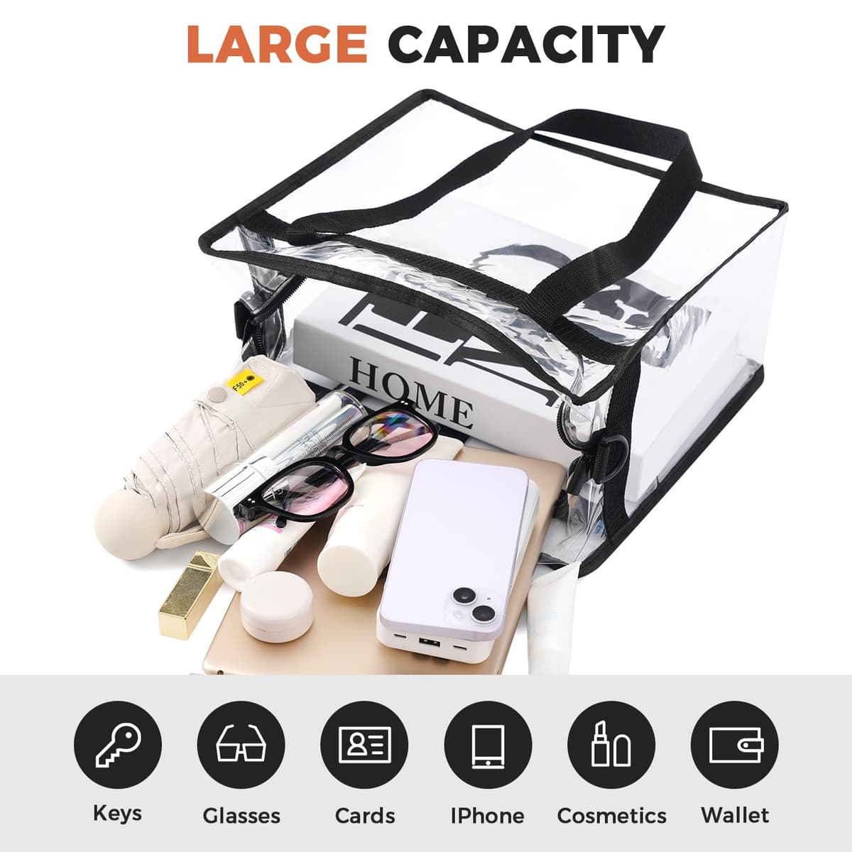 BAGAIL Clear Bags 12x6x12 Stadium Approved Clear Tote Bag with Zipper Closure Crossbody Shoulder Bag with Adjustable Strap — view 6
