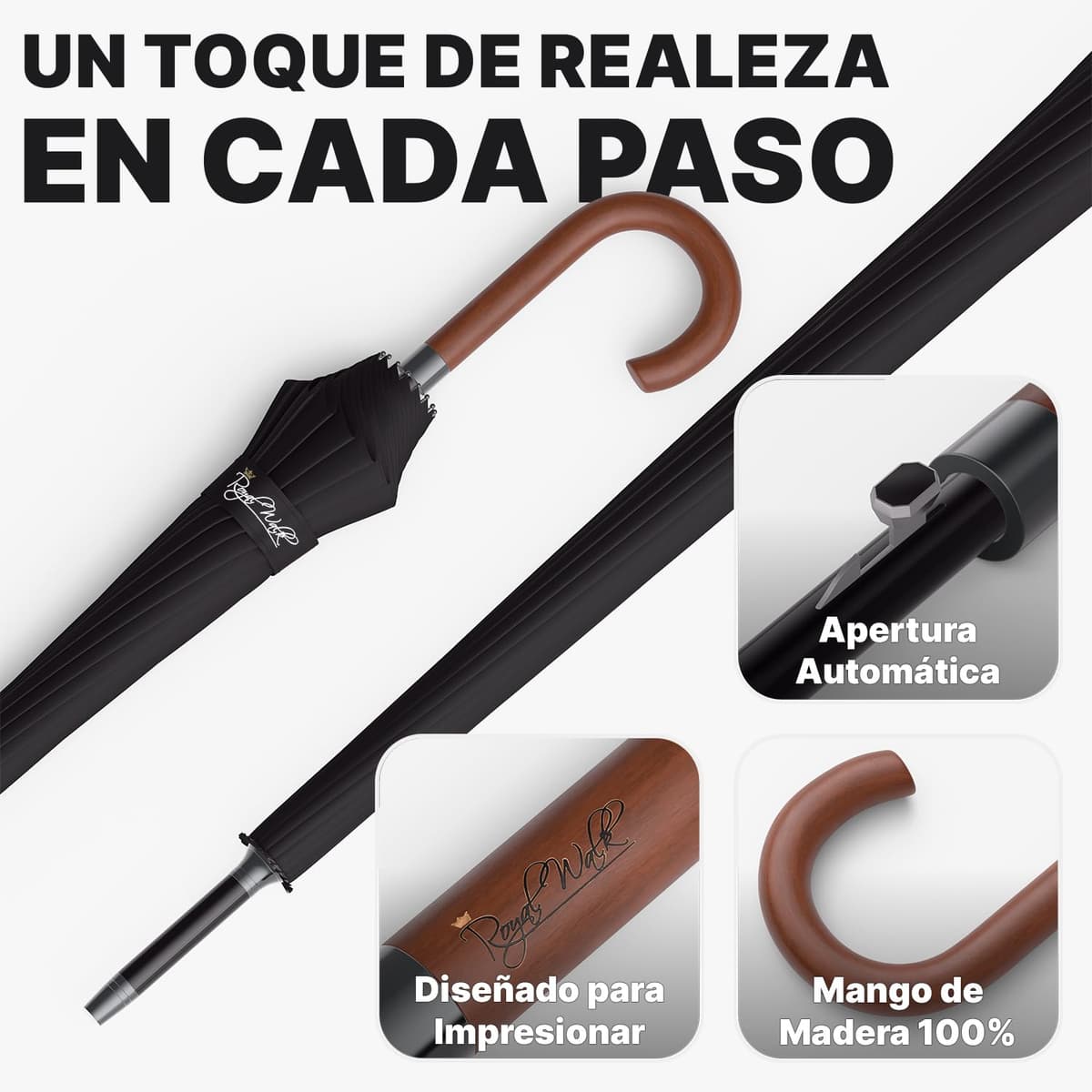 Royal Walk Paraguas Grande XXL Antiviento para Hombre y Mujer Automático Abierto Para 2 Personas de 54 Pulgadas Negro Paraguas Resistente al Viento de Golf Originale Impermeable 16 Varillas 120cm — view 3
