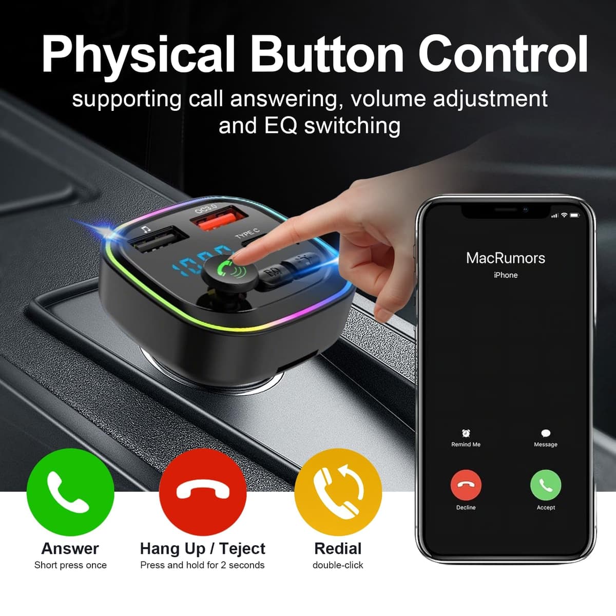 Bluetooth Car Adapter FM Transmitter PD 30W Fast Charging, QC3.0 USB C Cigarette Lighter Adapter with LED Display, Wireless Music and Hands Free Calling Use — view 4