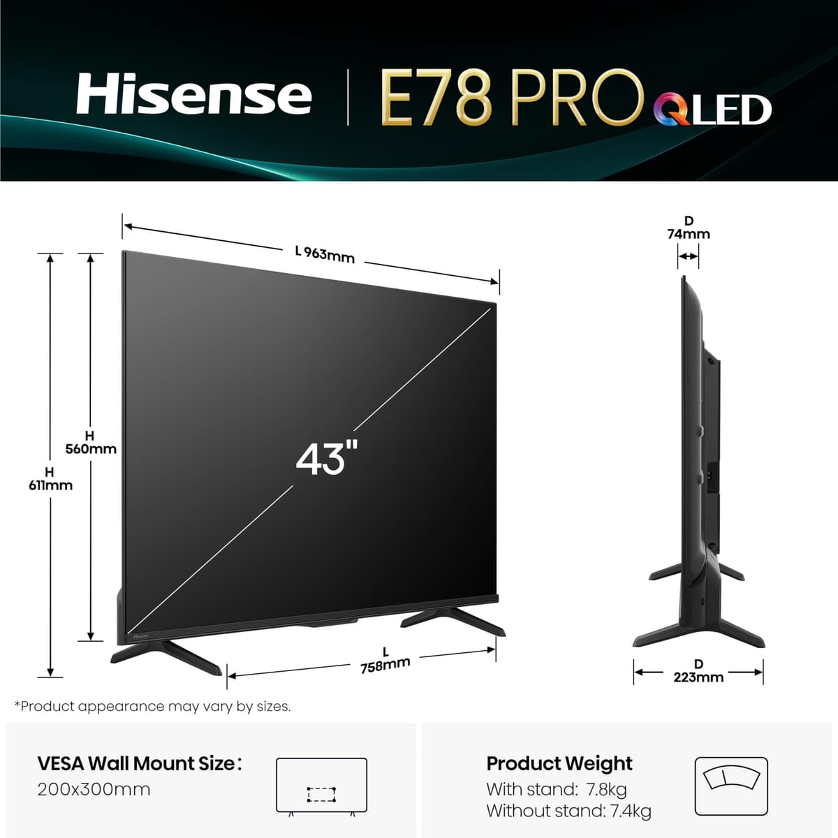 Hisense 43" 43E78QTUK PRO 144Hz QLED Smart AI TV - Hi-View AI Engine, 144Hz Game Mode PRO, Dolby Atmos, Quantum Dot Colour with Freely, Disney +, YouTube, Netflix — view 4