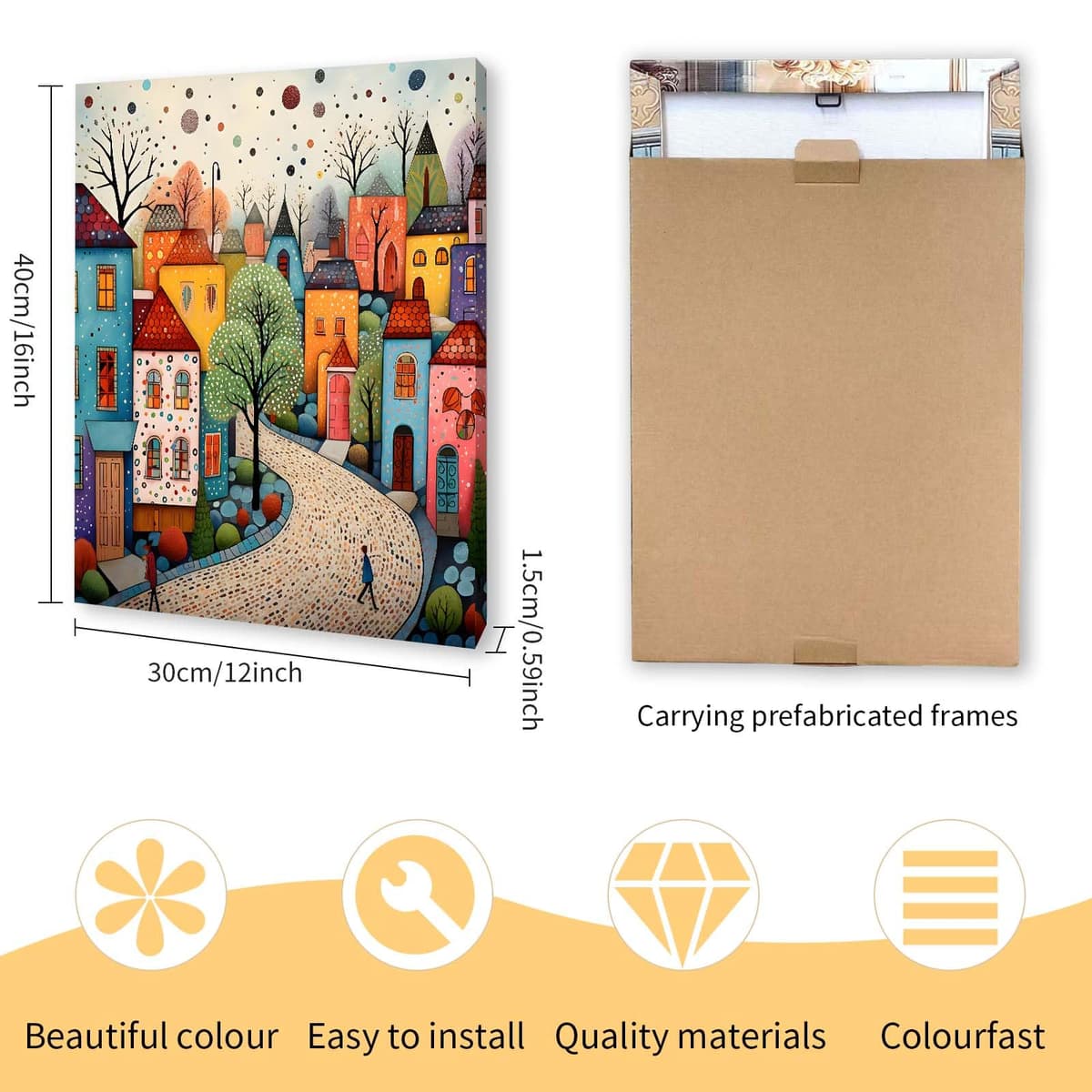 Qiukoo Framed Canvas Wall Art – Colourful Town Artwork, Waterproof Modern Print with Hook, Whimsical Wall Decoration for Living Room, Bedroom Pictures for Wall or Prints for Walls – 12x16 Inch — view 8