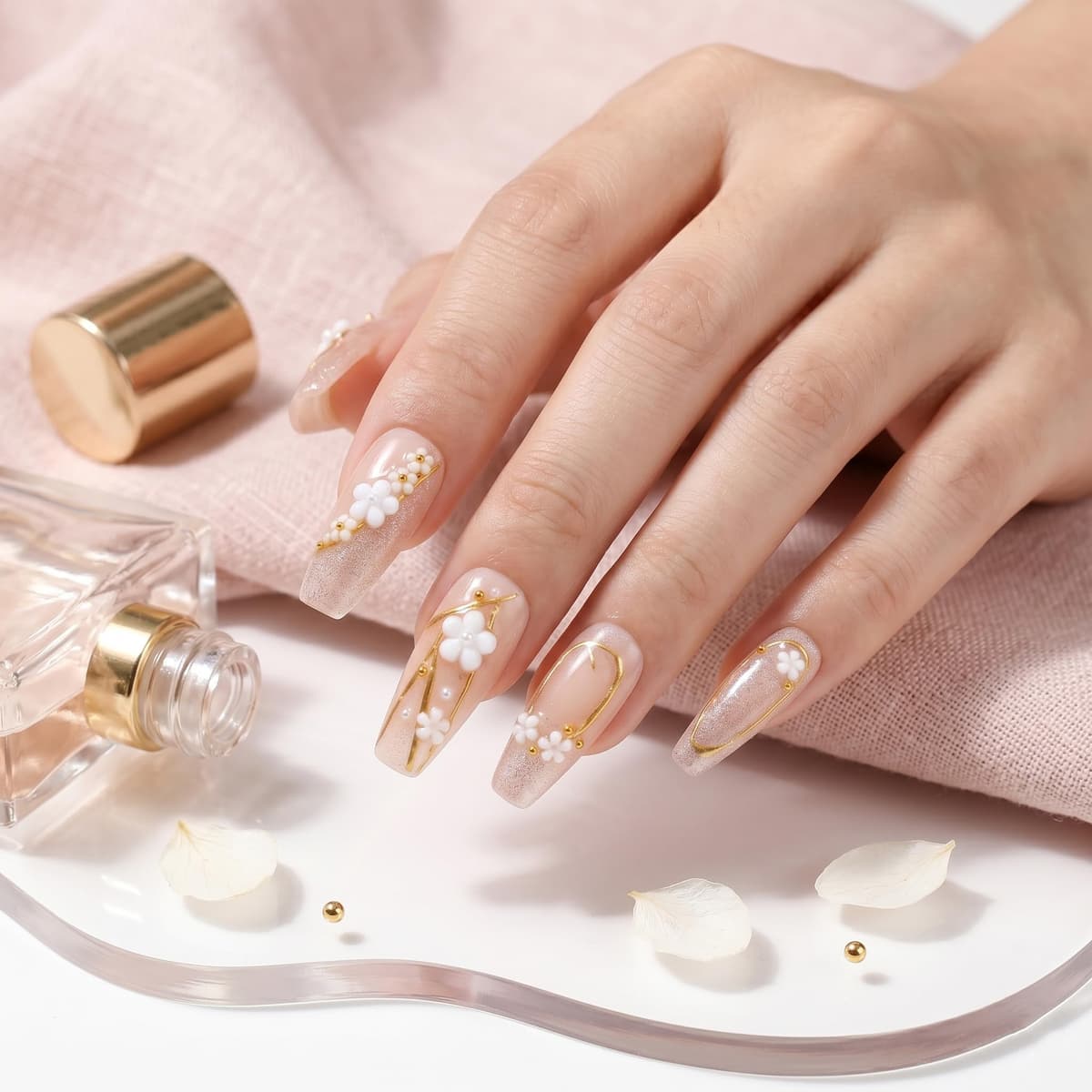 Sun&Beam Nails Handmade Press On Nails Medium Almond Light Pink Pearl Shell Glossy 10 Pieces Reusable for Everyday Wear and Special Occasions (#010 M) — view 2