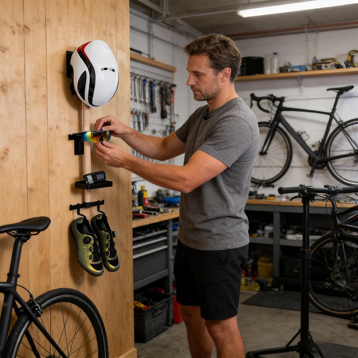 Estante de almacenamiento para casco de bicicleta, organizador para colgar en la pared para equipo de ciclismo, soporte de pared de metal con ganchos, taller de garaje interior, almacenamiento para — view 2