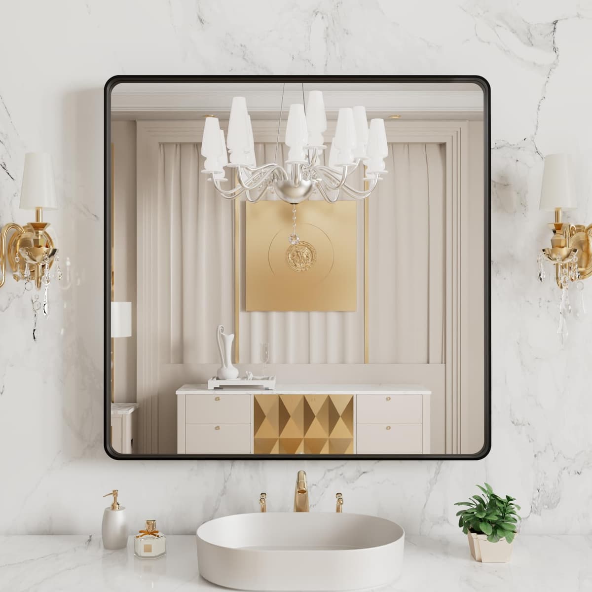LOAAO 48”X36” Gold Bathroom Mirror, Rounded Rectangle Gold Frame Mirror, Brushed Gold Bathroom Vanity Mirror Wall-Mounted, Anti-Rust, Tempered Glass, Hangs Horizontally or Vertically — view 42